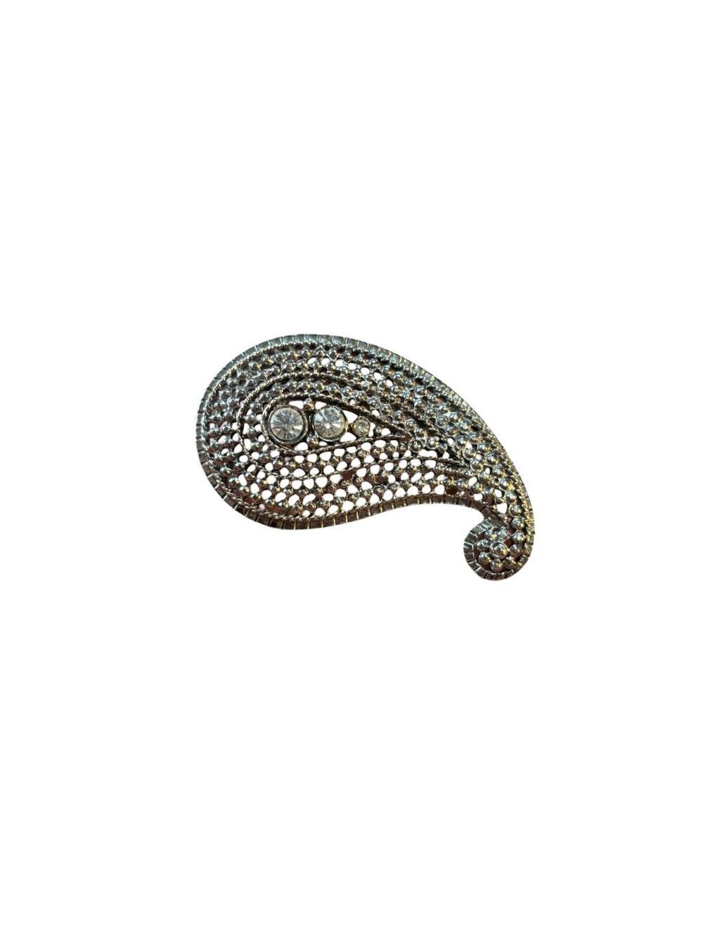 Signed Vintage Rhinestone Paisley Brooch Silver Tone Filigree Mid Century